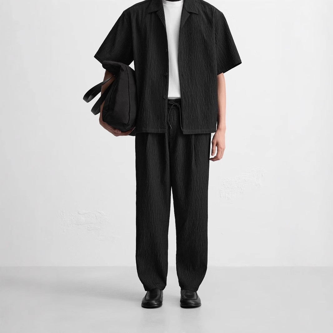 Men's Relaxed, Textured Crinkle Pants with Elastic Waistband and Drawstring Amarae