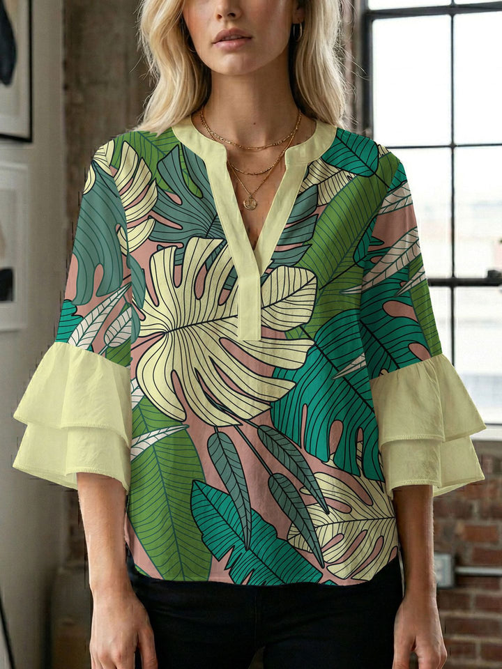 Women's blouse with voluminous wing sleeves and intense leaf pattern Lune London