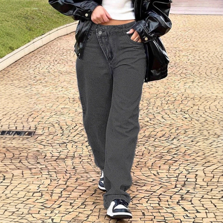 Women high-waisted loose-fitting jeans with wide legs and asymmetrical button placket Amarae