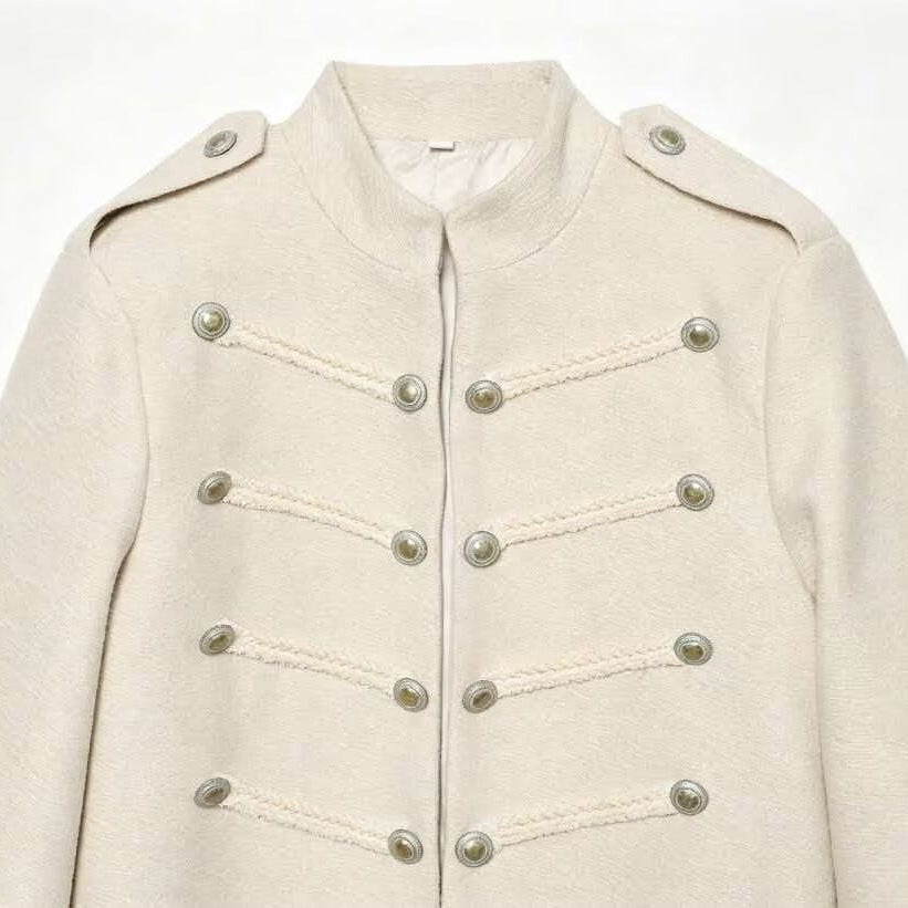 Women's short military jacket with stand-up collar, decorative cords and decorative buttons Amarae