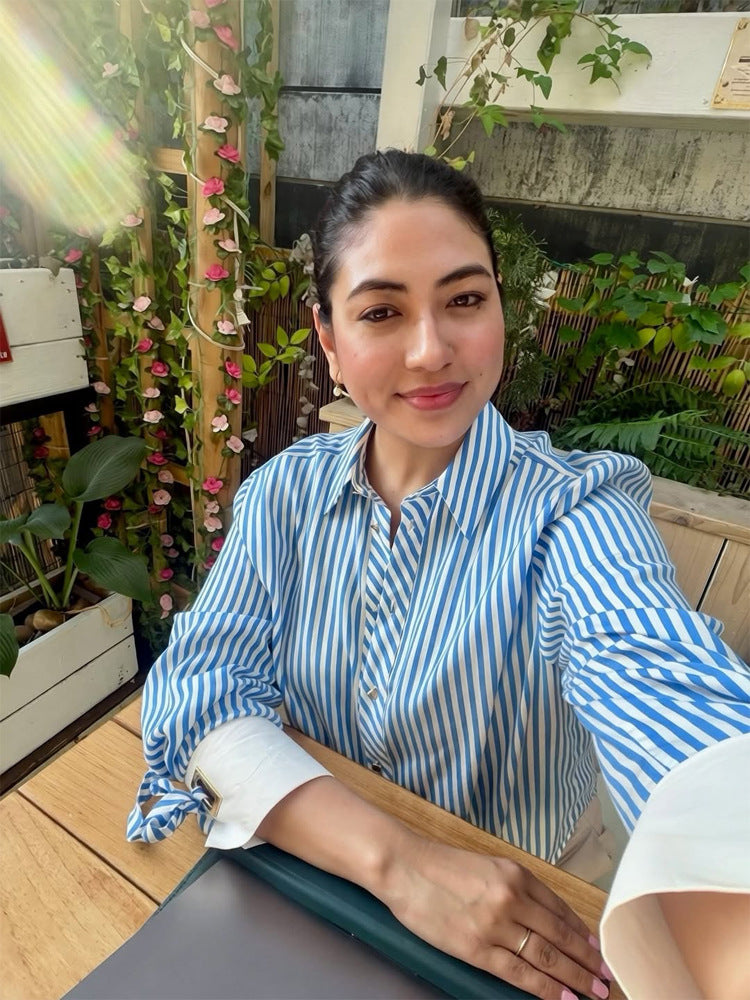 Women Striped Oversized Shirt Blouse with Contrasting Cuffs & Knot Finishes Amarae