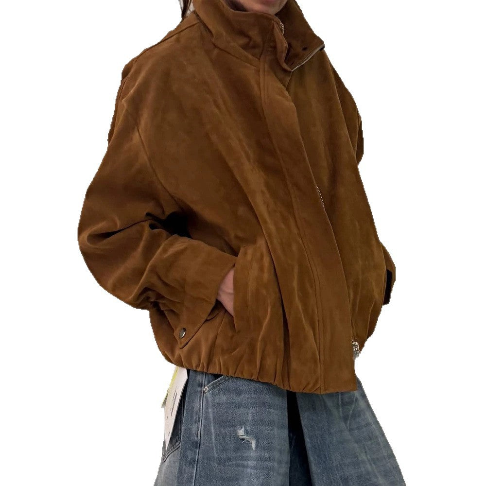 Women's Oversize Suede Blouson with High Standing Collar and Metal Zipper Amarae