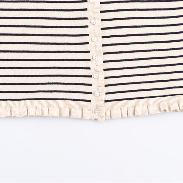 Fashion striped knit jacket for women with ruffled hem and button details Lune London