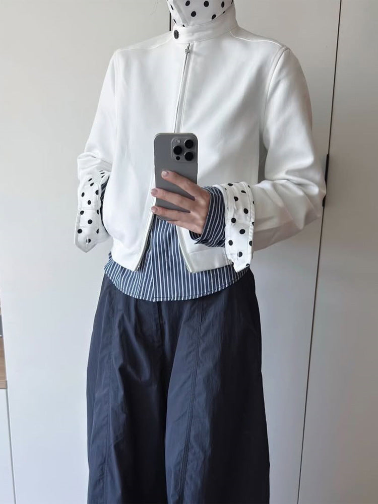 Women’s short-cut blouson jacket with stand-up collar, concealed zipper and contrasting polka dot patterned lining Amarae