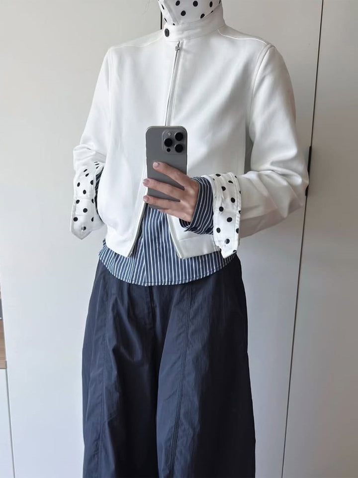 Women’s short-cut blouson jacket with stand-up collar, concealed zipper and contrasting polka dot patterned lining Amarae