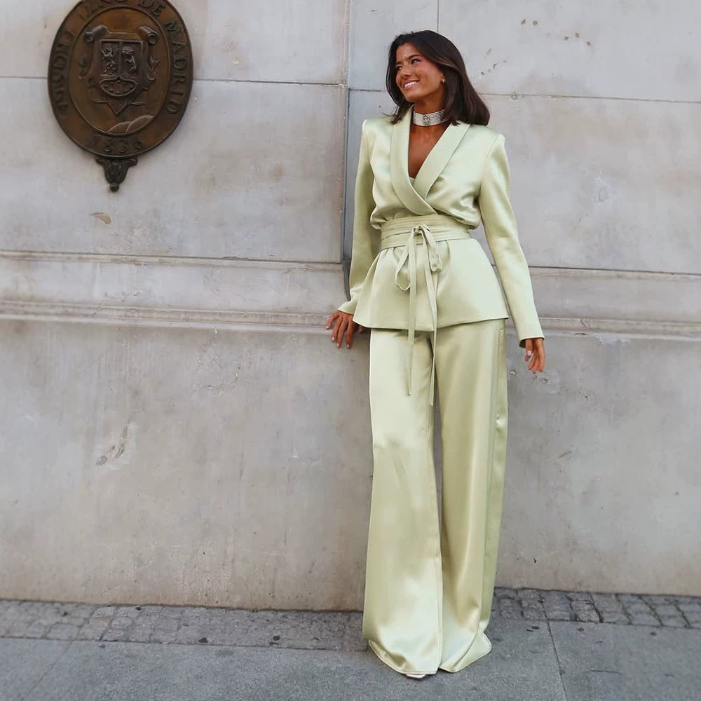 Women's Satin Two-Piece with Fitted Wrap Blazer and Wide Palazzo Pants Amarae