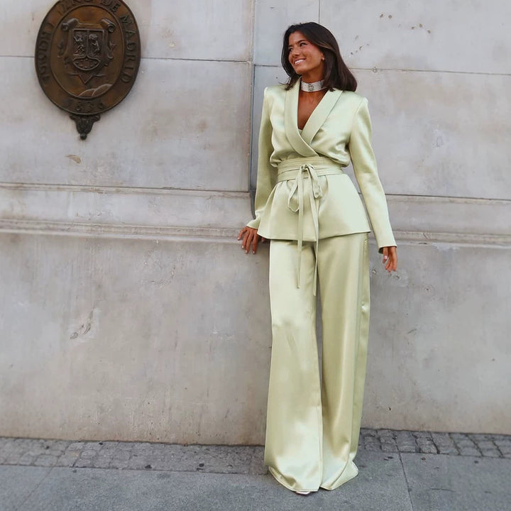 Women's Satin Two-Piece with Fitted Wrap Blazer and Wide Palazzo Pants Amarae