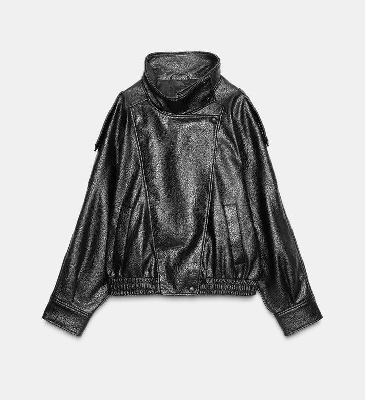 Men's short-cut leather jacket with high stand-up collar and ribbed hem Amarae