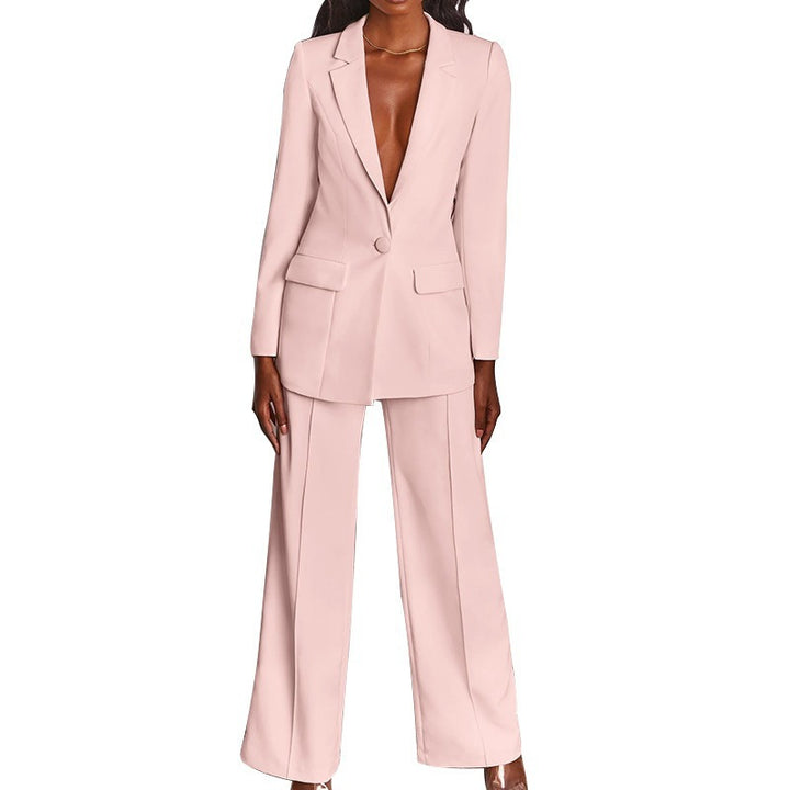 Ladies Elegant Two-Piece Suit with Tailored Long Blazer and Wide Pleated Pant Leg Amarae