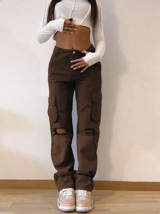 Women's cargo jeans with high waist, straight leg, knee rips, and patch cargo pockets Amarae