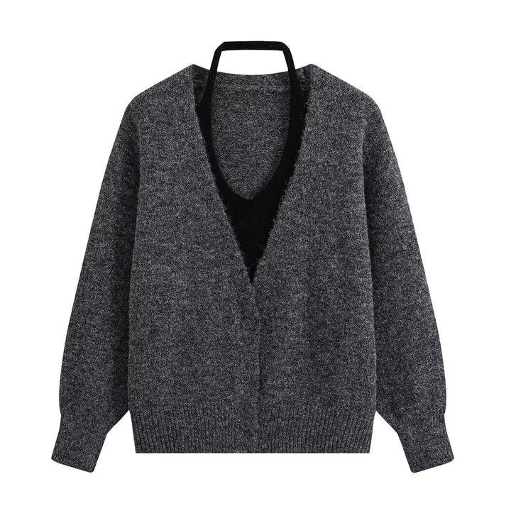 Ladies Oversize Knit Cardigan with Deep V-neck and Wide Ribbed Cuffs Amarae