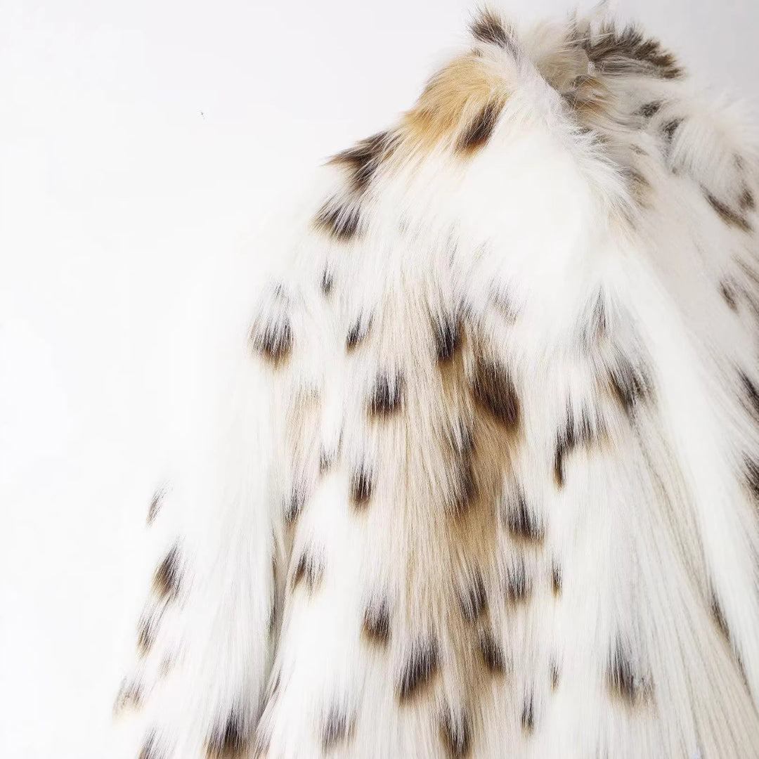 Women Short Faux-Fur Jacket with Dotted Lynx Print and Minimalist Stand Collar Amarae
