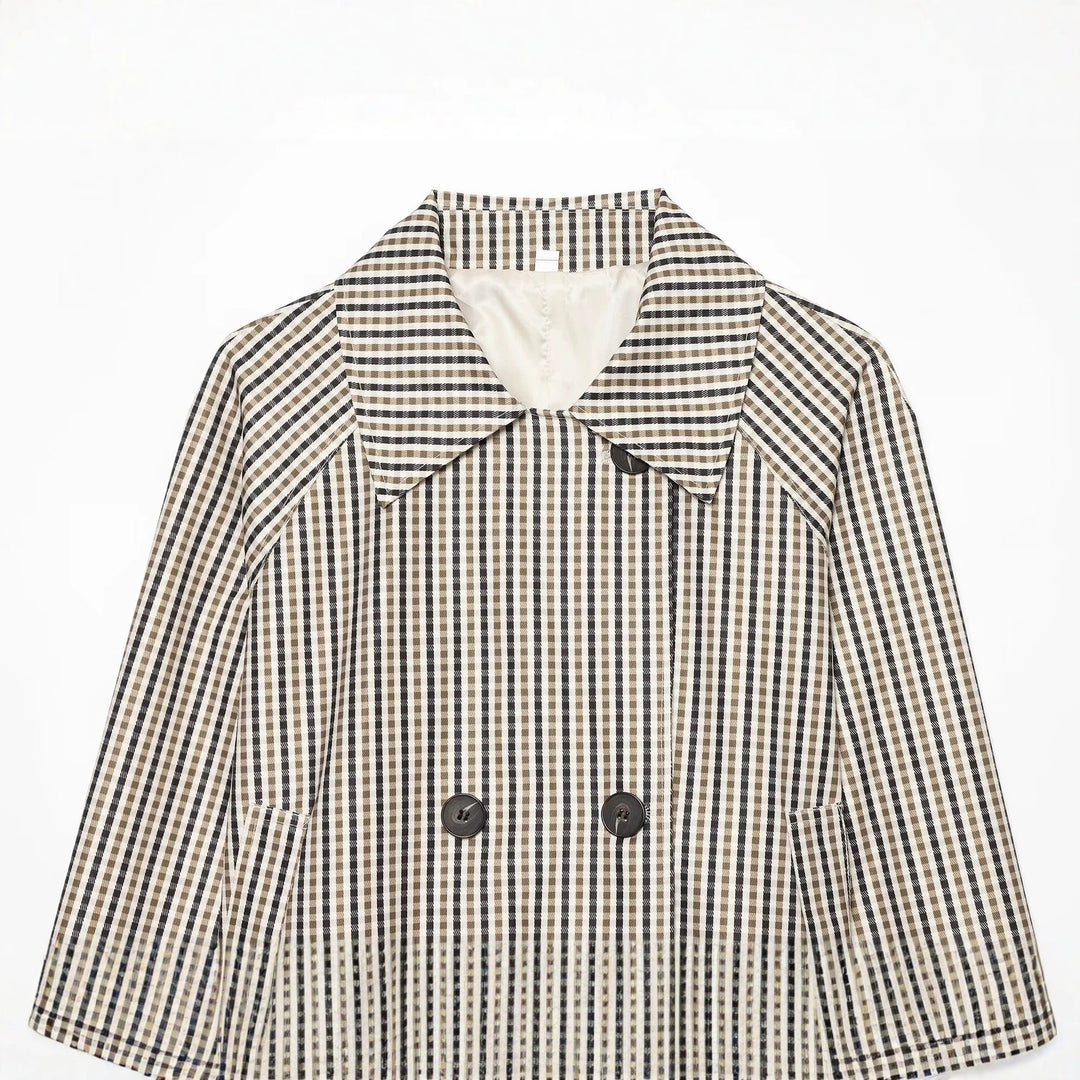 Women Short Tailored Double-Breasted Trench Coat with Check Pattern and Belt Amarae
