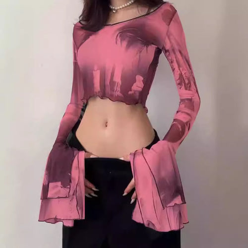 Women Crop-top with transparent sleeves and artistic print Amarae