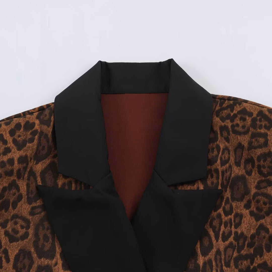 Women Double-Breasted Coat with Leopard Print and Satin Shawl Collar Amarae