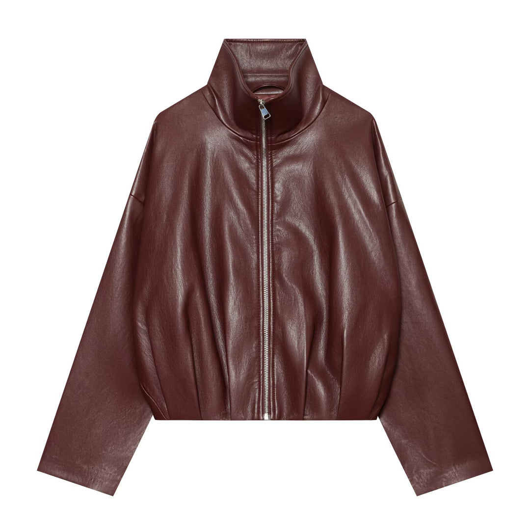 Women Cropped Faux Leather Jacket with High Collar, Oversized Sleeves and Tailored Waist Amarae