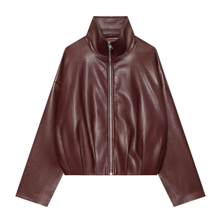 Women Cropped Faux Leather Jacket with High Collar, Oversized Sleeves and Tailored Waist Amarae