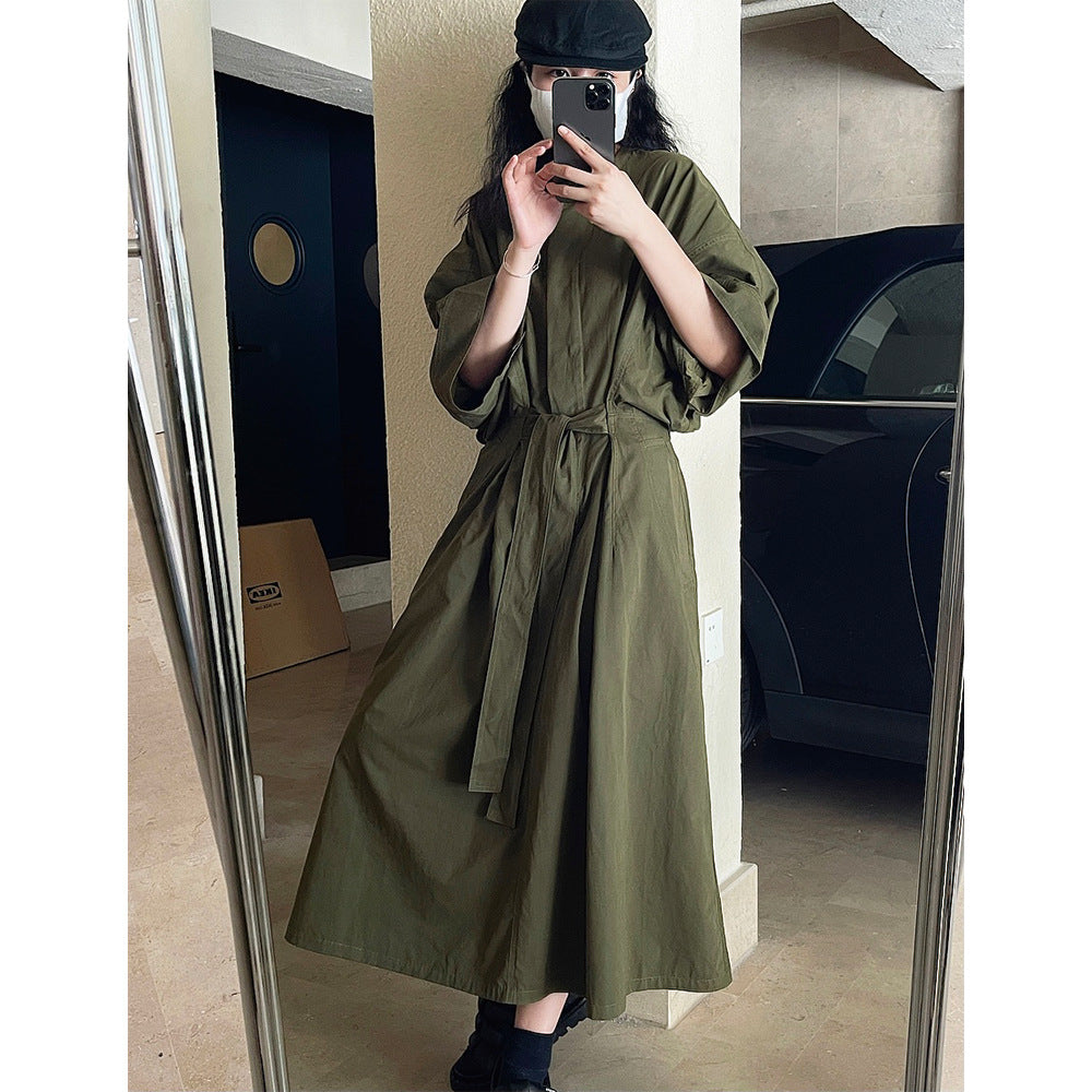Women's Long Wrap Dress made of Cotton Blend with Wide Kimono Sleeve Amarae