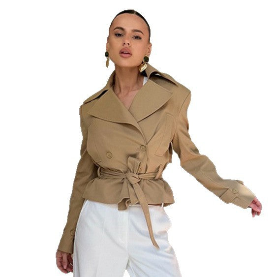 Women Tailored Trench Set with Peplum, Tied Belt & Pencil Skirt Amarae