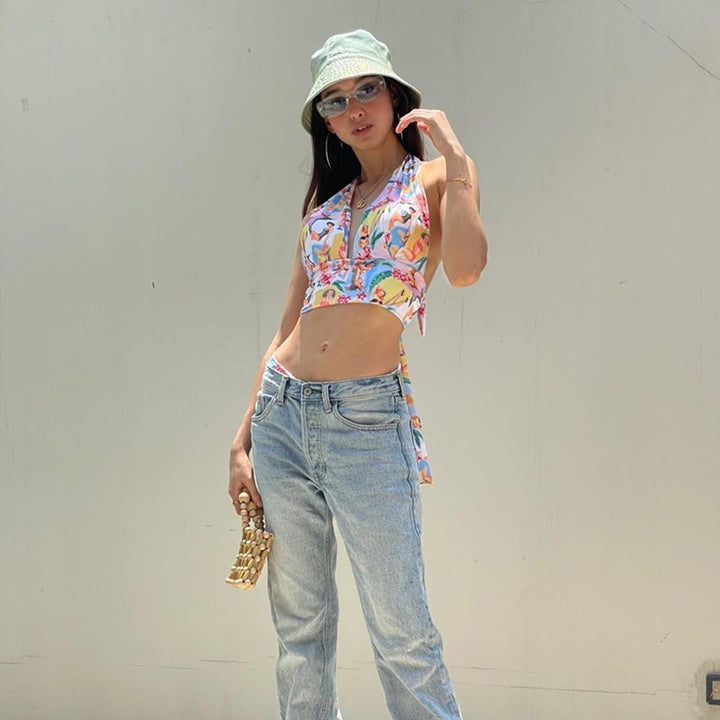 Ladies Halters Retro Printed Top Lune London