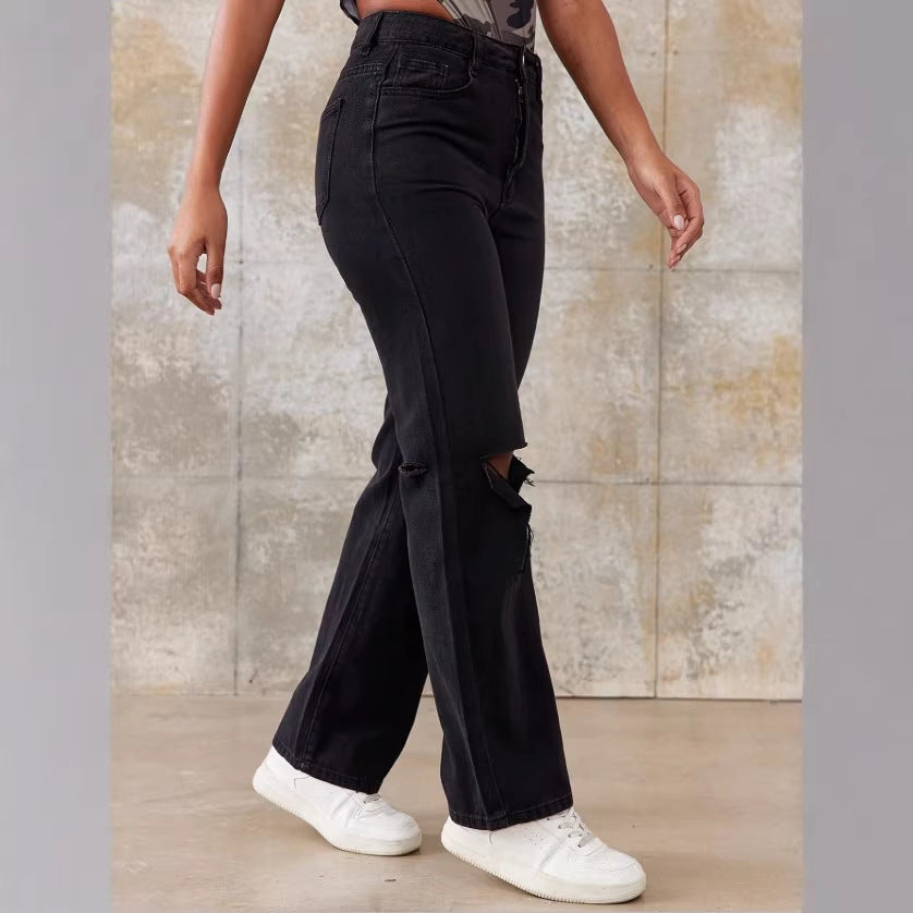 Ladies High-Waist Straight Jeans with wide leg, knee rip and textured denim look Amarae