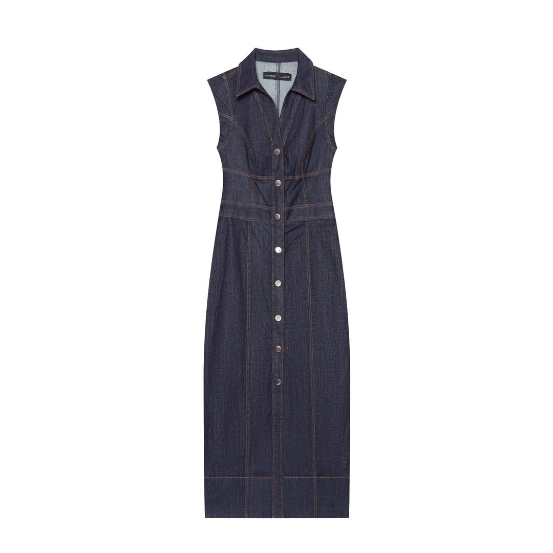 Women's Sleeveless Denim Maxi Dress with Shirt Collar, Tailored Silhouette and Continuous Snap Button Placket Amarae