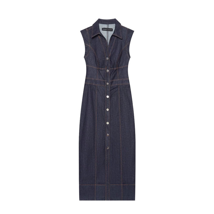 Women's Sleeveless Denim Maxi Dress with Shirt Collar, Tailored Silhouette and Continuous Snap Button Placket Amarae