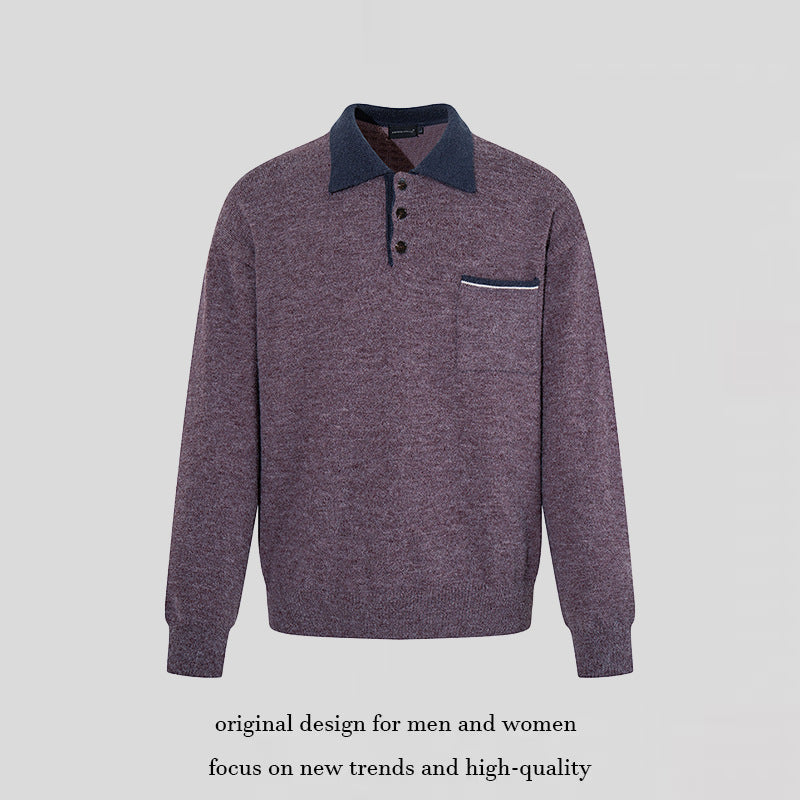 Men's polo shirt-knit sweater with button placket, chest pocket, and contrast collar Amarae