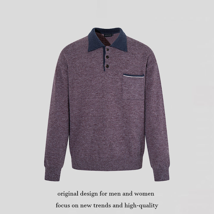 Men's polo shirt-knit sweater with button placket, chest pocket, and contrast collar Amarae