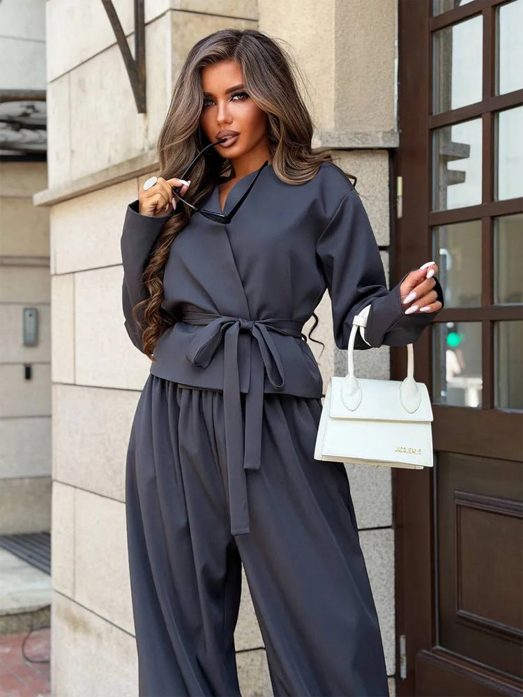 Women's Elegant Two-Piece Set with Wrap Jacket and Wide Pleat Trousers Amarae