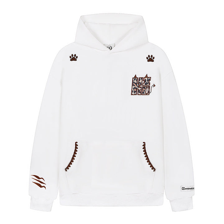 Women's Oversize Hooded Sweater with Kangaroo Pocket, Animal Patch and Decorative Embroidery Amarae