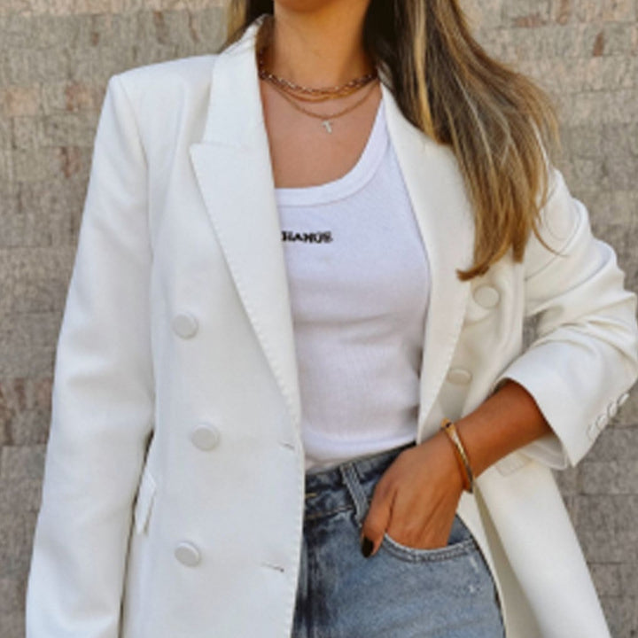 Women Fitted Double-Breasted Long Blazer with Light Shoulder Pads and Clean Lapels Amarae