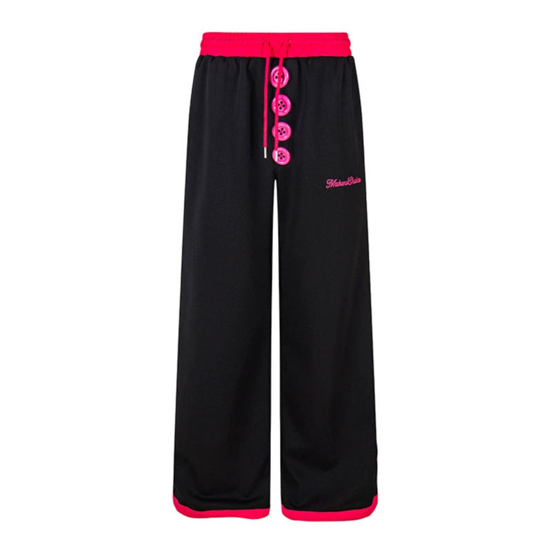 Women Wide Lounge Pants with Decorative Button Placket, High Waist and Drawstring Amarae