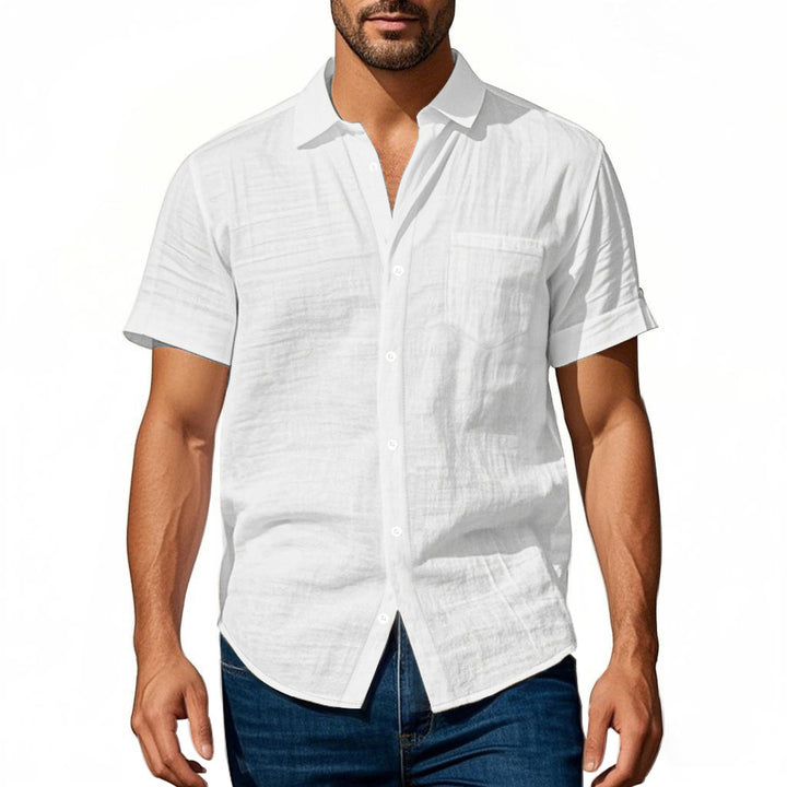 Short sleeve linen shirt for men with structured design and practical chest pocket Lune London