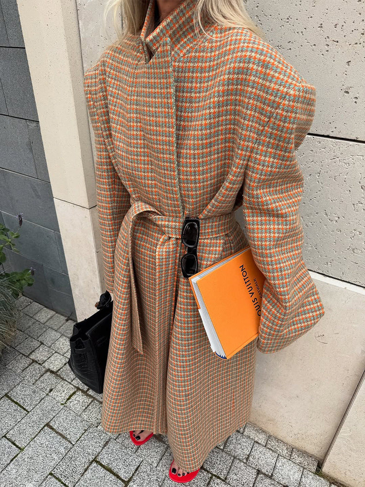 Ladies Oversize Wool Coat with Houndstooth Pattern and Waist Belt Amarae