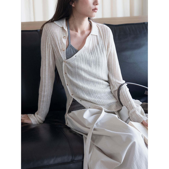 Women's fine knit long cardigan with kent collar and fine ribbed texture Amarae