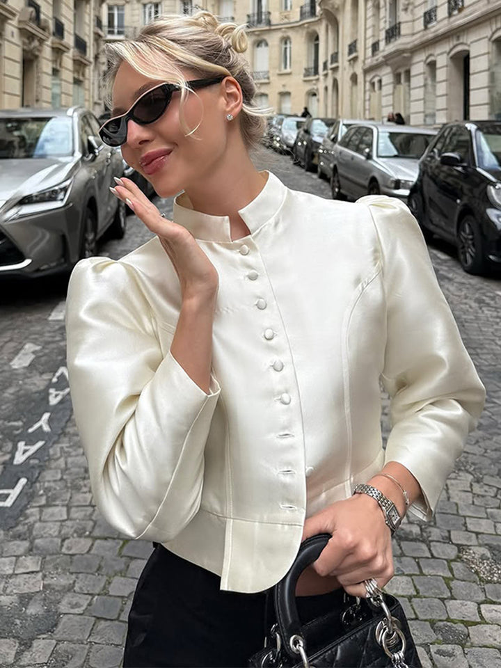 Women Tailored Satin Bolero Jacket with Stand-up Collar & Emphasized Puff Sleeves Amarae