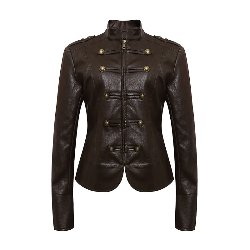 Women’s fitted leather jacket in military style with stand-up collar and decorative button placket Amarae