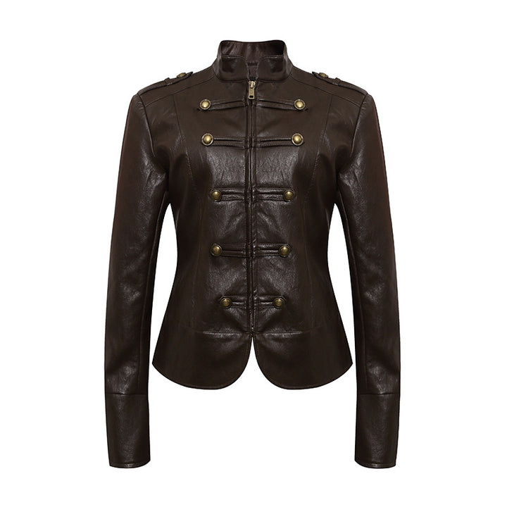Women’s fitted leather jacket in military style with stand-up collar and decorative button placket Amarae