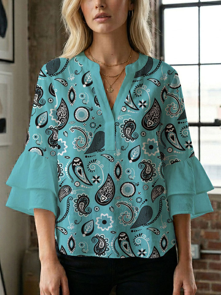 Women's blouse with voluminous wing sleeves and intense leaf pattern Lune London