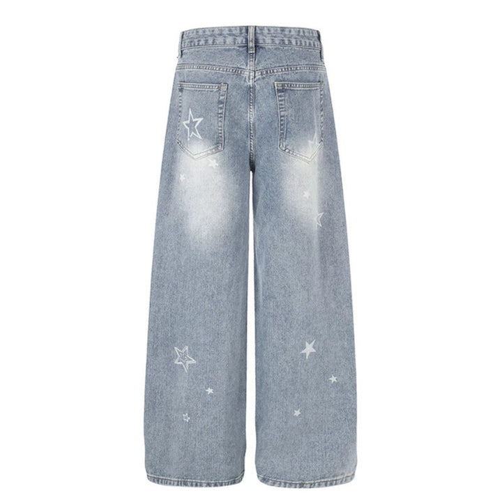 Ladies Wide Distressed Palazzo Jeans with Star Embroidery Amarae