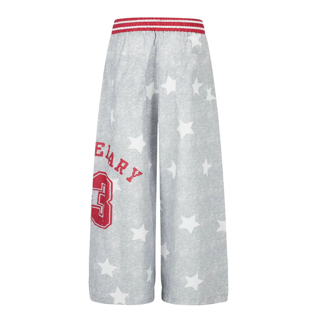 Ladies Palazzo Lounge Pants in Athleisure Style with Star Allover, High Ribbed Waistband and Statement Print Amarae