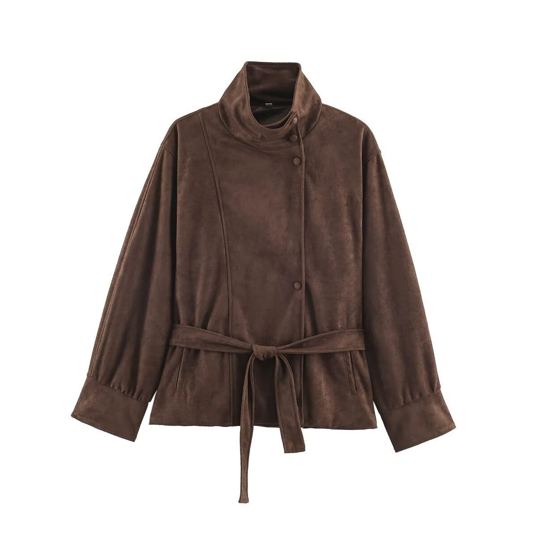 Women's Boxy Wrap Jacket in Velour Look with High Stand-Up Collar and Tie Belt Amarae