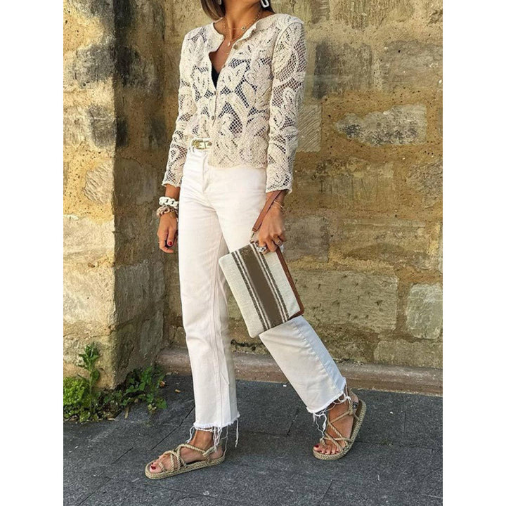 Women's Crochet Cardigan with Floral Openwork Pattern, Button Placket & Wavy Hem Amarae