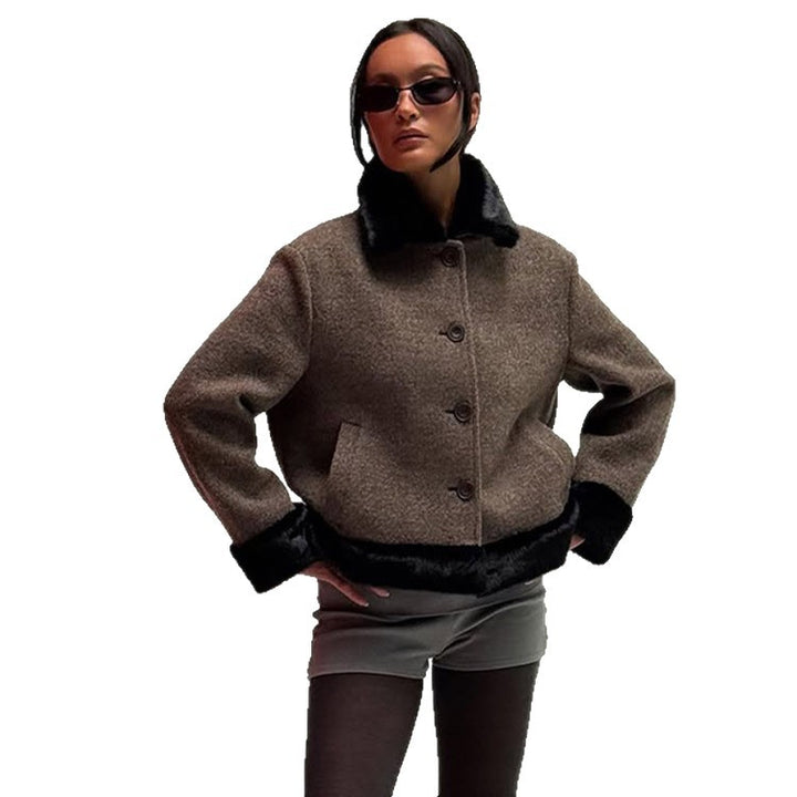 Women's Short Cut Boxy Wool Blend Coat with Contrast Faux Fur Trim Amarae