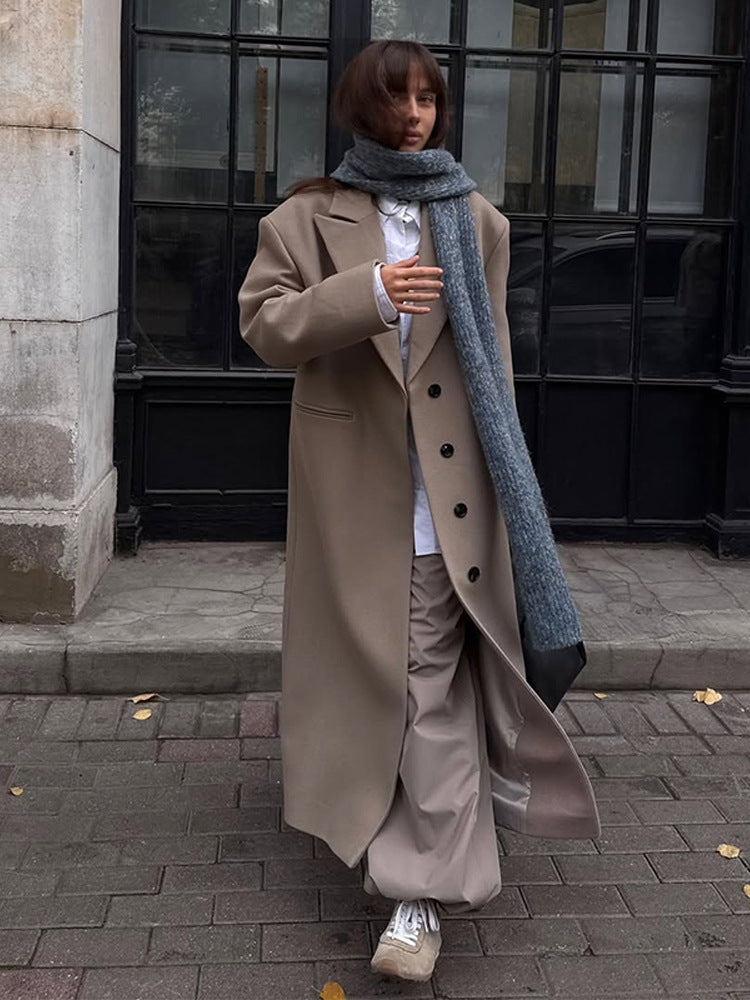 Women Maxilength Clean-Cut Wool Blend Coat with Oversized Lapels and Straight Silhouette Amarae