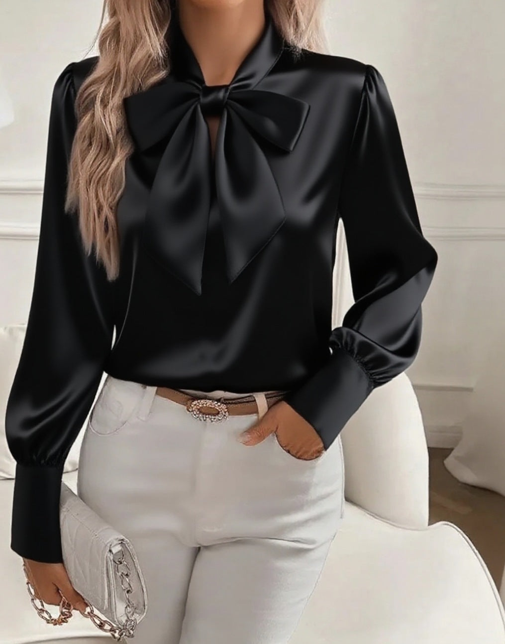 Women elegant satin blouse with bow collar and puff sleeves Lune London