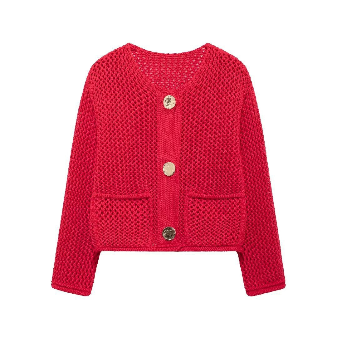 Casual knit jacket for women with textured hole pattern and practical pockets Lune London