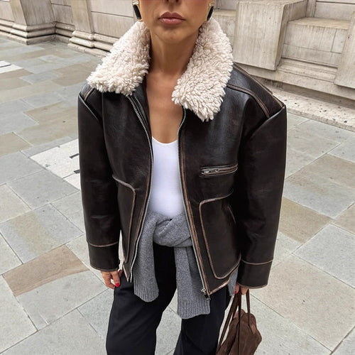 Women Short Cut Leather Imitation Bomber Jacket with Voluminous Teddy Shawl Collar and Distinctive Decorative Seams Amarae