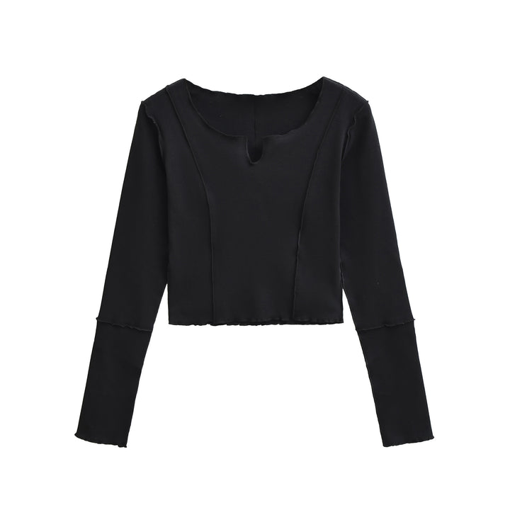 Women's Short Sleeve Long Sleeve Shirt with Visible Rolled Seams and Slit Collar Amarae